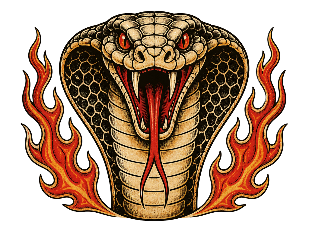 Cobra head flanked by flames