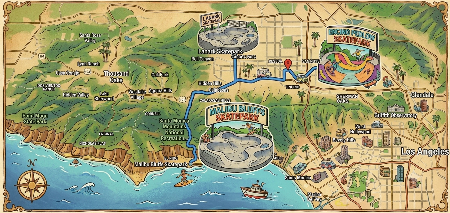 Map of Cobra Skate Shop field trip stops across Los Angeles skateparks